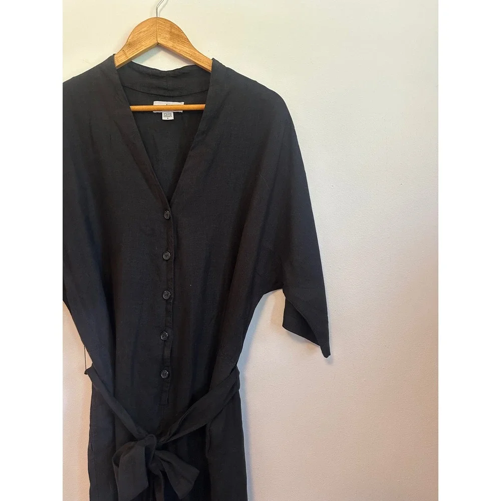 Velvet by Graham & Spencer Black Linen Button Front Wide Leg Jumpsuit | Small